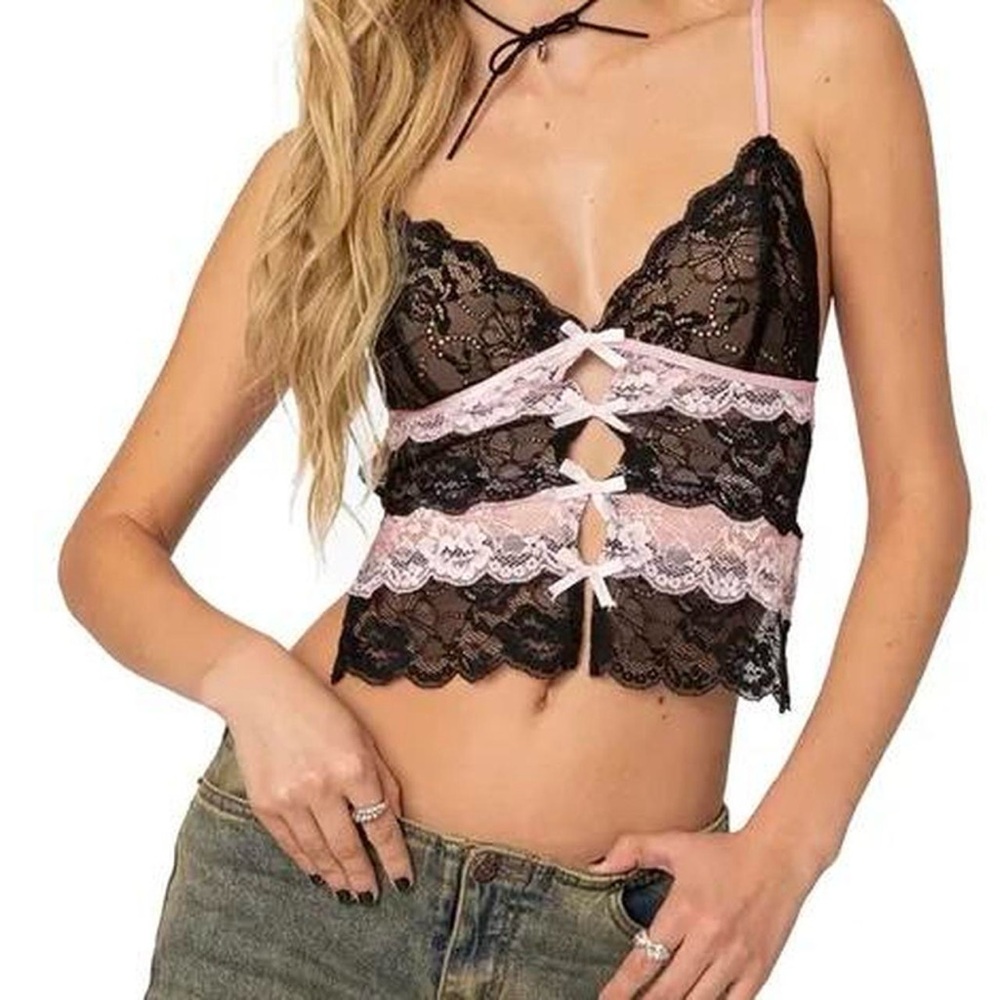 edikted lace black and pink bow backless tank